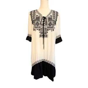 Jade XS White Lined Dress Black Boho Embroidery Shift Dress Flowy Lace Up